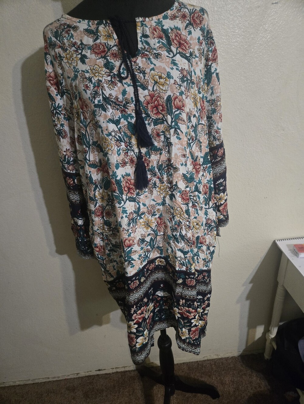 Floral Boho Tassel Tunic Dress - Ivory with Teal & Pink